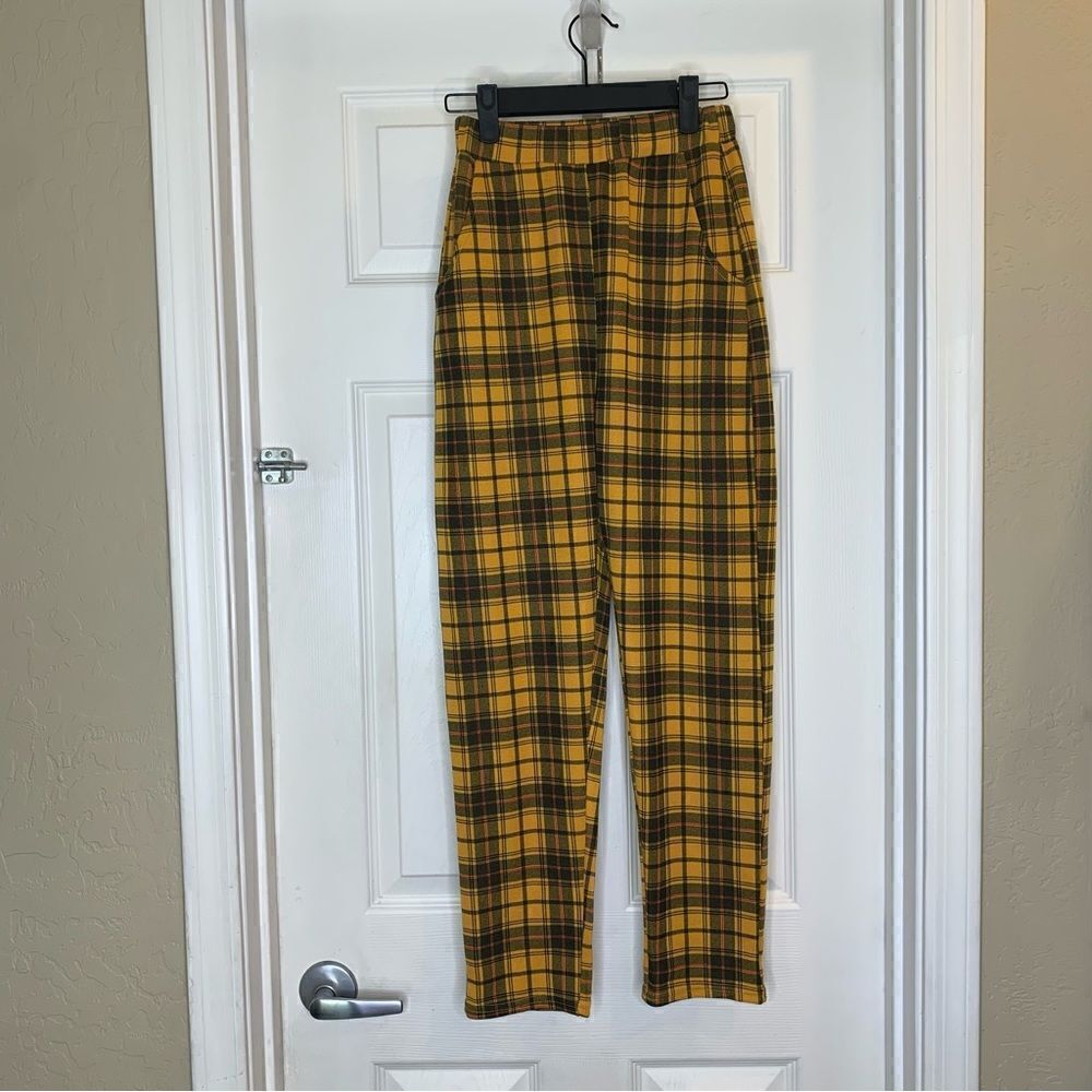 Boohoo Petite Checked Tartan Trousers Mustard Color Size 2